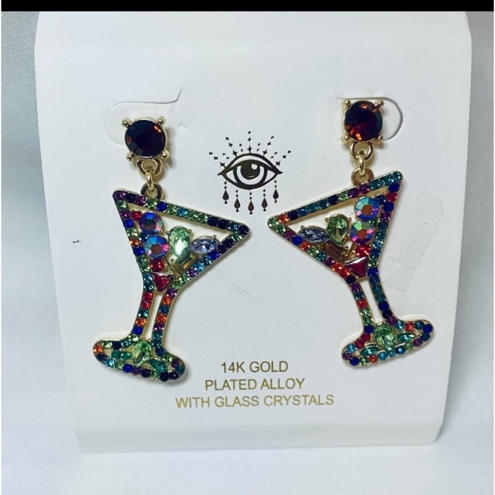 EYE CANDY MARTINI GLASS EARRINGS MULTI COLORED CRYSTAL 14K GOLD PLATED ALLOY